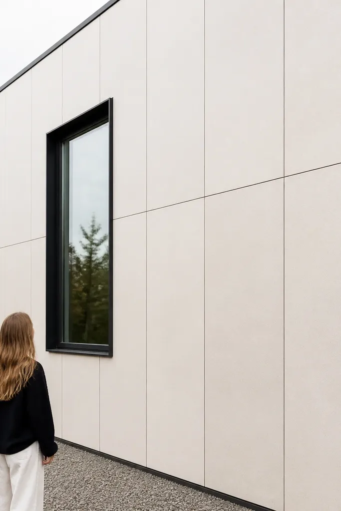 Cream porcelain panel facade with straight vertical seams and dark window frames