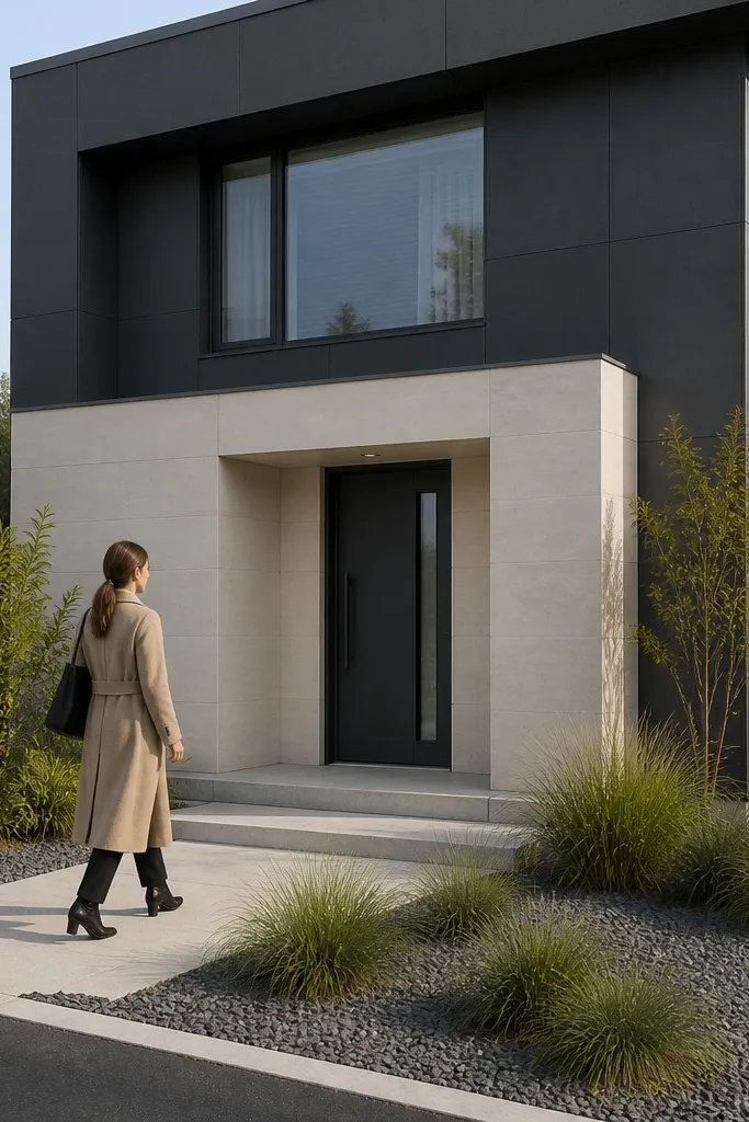 Charcoal cladding facade with a pale vertical entry feature wall and dark windows