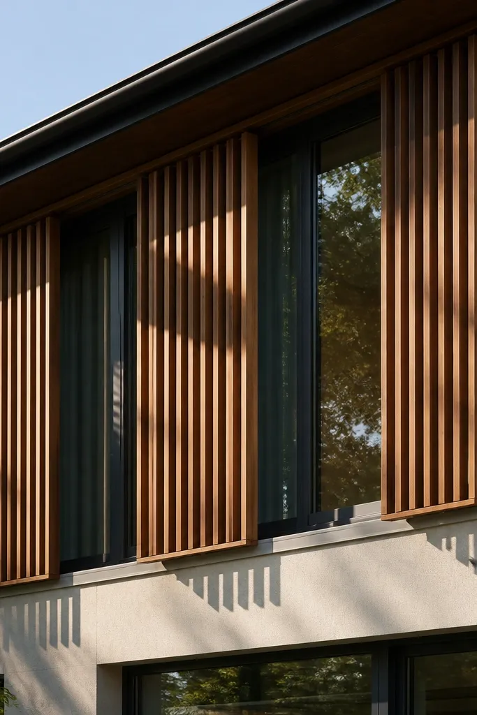 Wooden slat screen shading upper windows on a modern two-storey facade