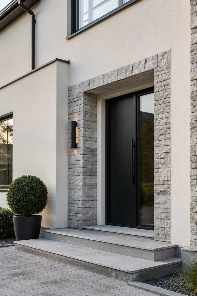 Modern facade with split-face stone only on both front corners and smooth render panels