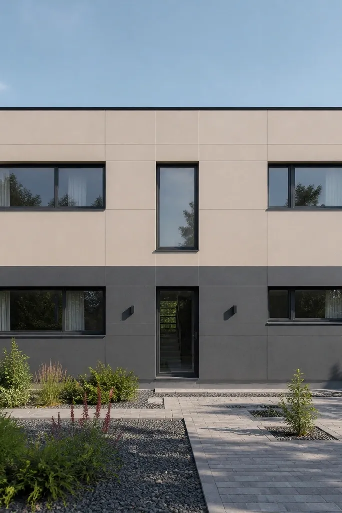 Two-tone facade with light upper panels and darker lower panels separated by a straight midline