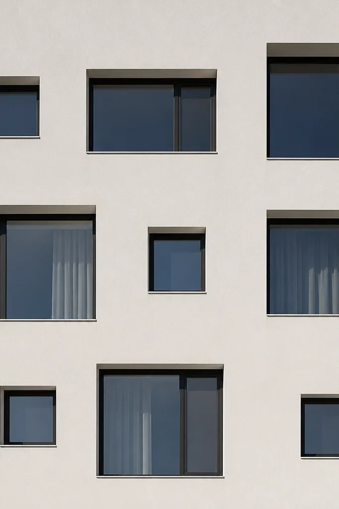 Smooth monolithic facade with windows set back in clean recessed frames