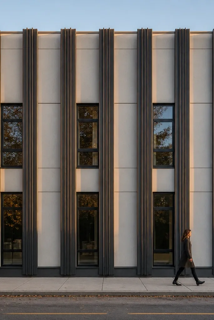 Modern facade with tall vertical fins spanning two storeys and dark framed windows