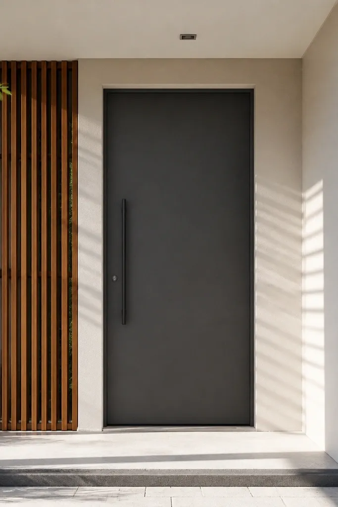 Flush front door with a slatted privacy wall beside it and smooth render around