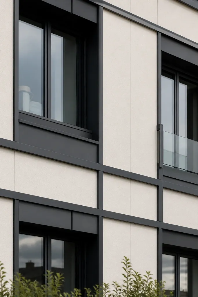 Light panel facade with dark window and trim grid lines