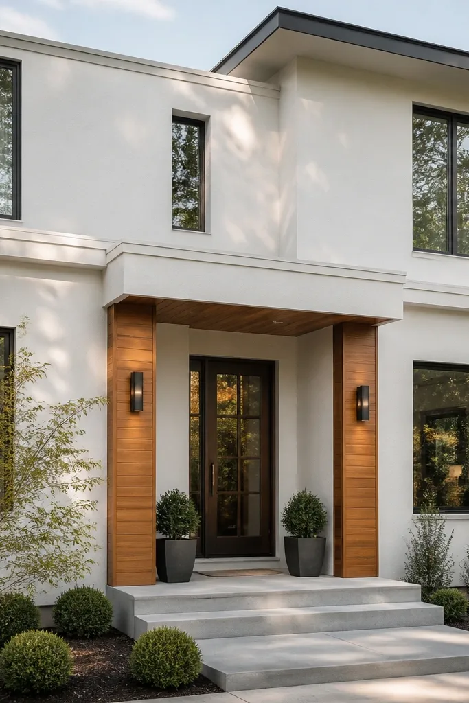 Matte white facade with warm timber cladding accents and simple black windows