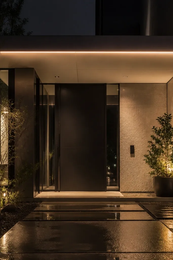 Modern entry canopy with a slim recessed lighting line above a flush front door