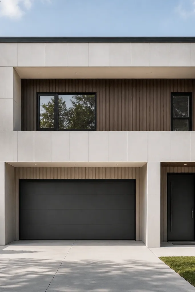 Facade with a recessed vertical panel around the garage and centered front door