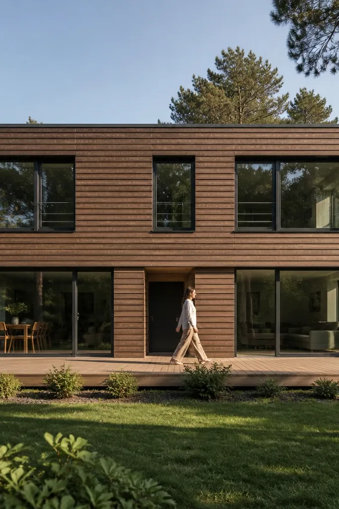 Modern facade with horizontal timber boards spanning two storeys and dark window frames