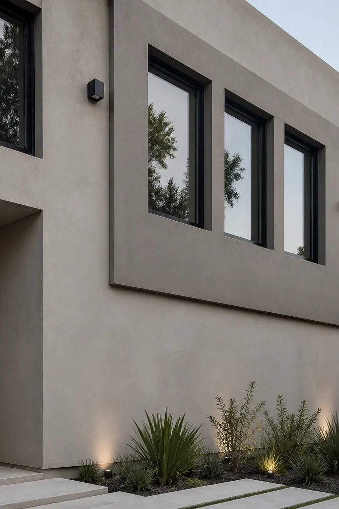 Smooth microcement facade with one darker sculpted panel around the windows