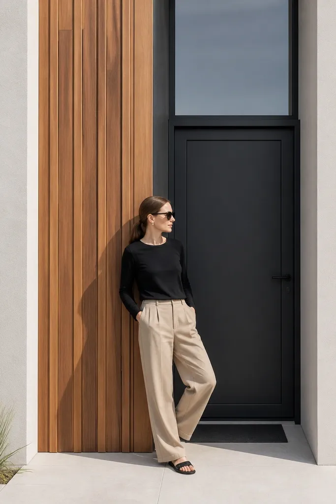 Board-and-batten vertical feature wall next to the entry door with light render around