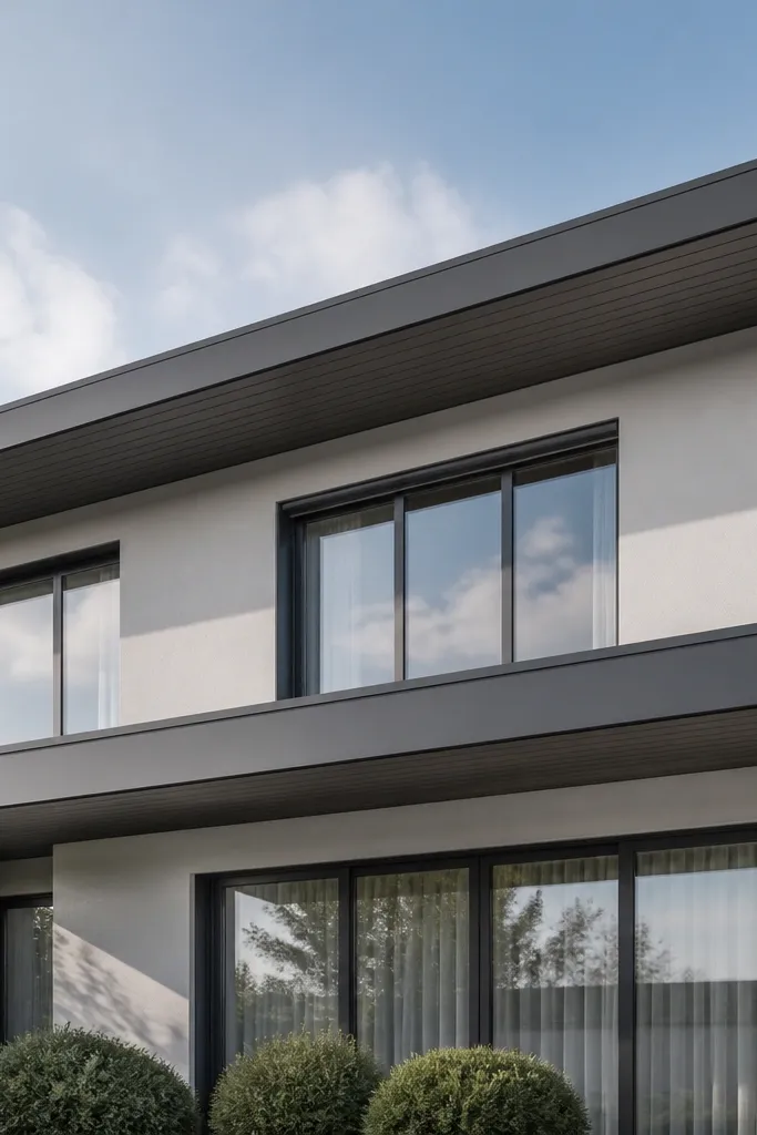Monochrome facade with dark frames and a long horizontal soffit panel under the roof
