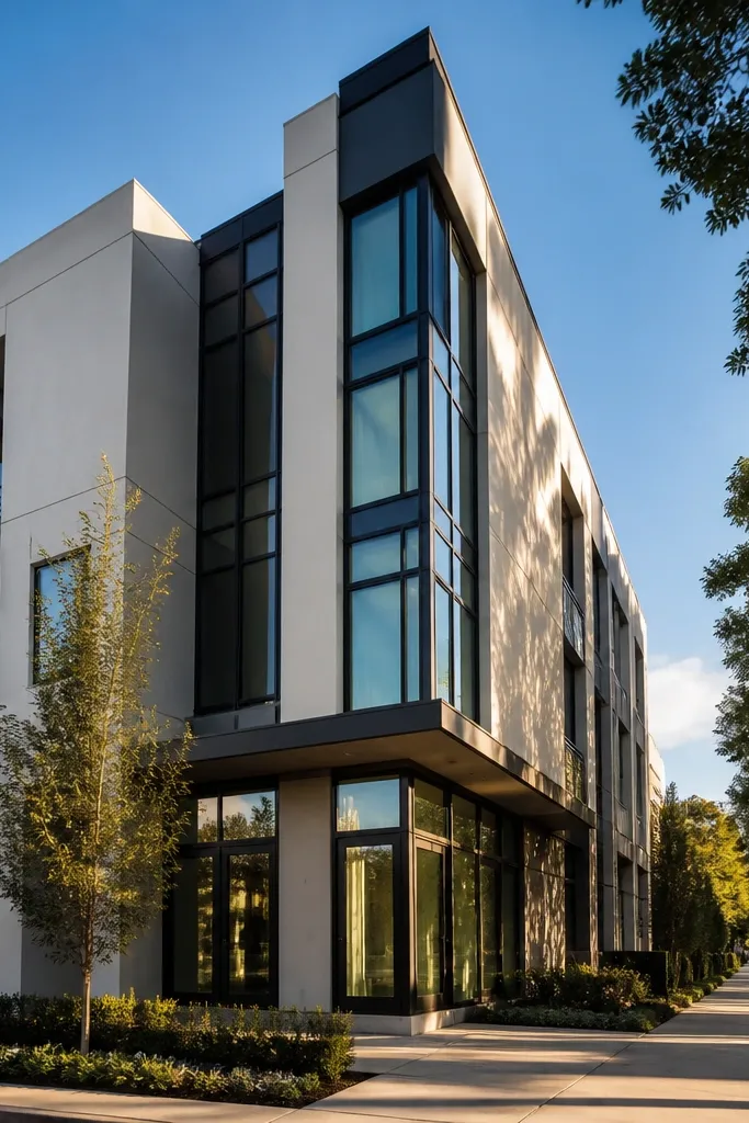 Facade with stacked tall corner windows in dark frames creating a tower-like vertical effect