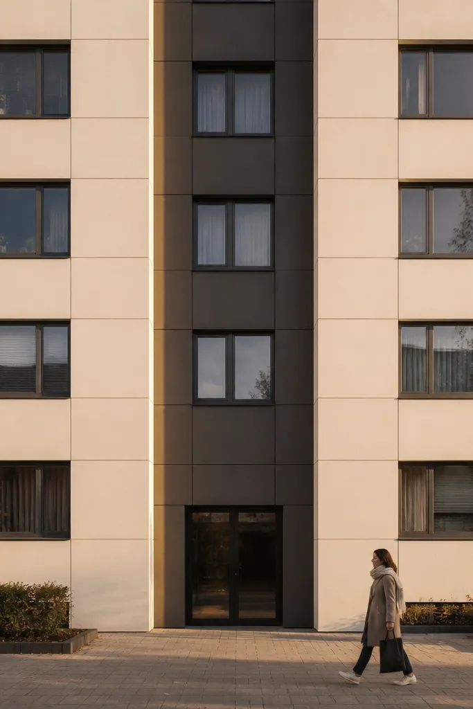 Light cladding facade with a recessed dark vertical panel centered near the entry