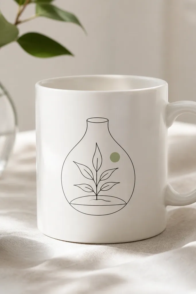 A white mug with a thin black one-line drawing of a plant in a rounded terrarium shape, no shading, with a single pale green dot near the leaves.