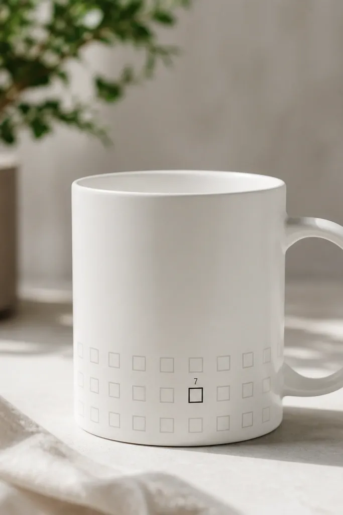 A white mug with a small grid of light gray squares near the bottom, and one square outlined in bold charcoal with a tiny number inside.