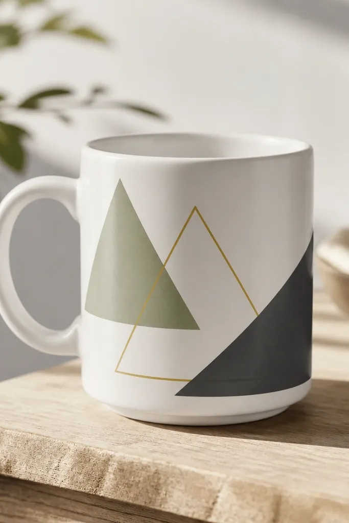 A white mug with three triangles: one sage green filled, one muted mustard outlined, and one charcoal triangle partially covering the band area.