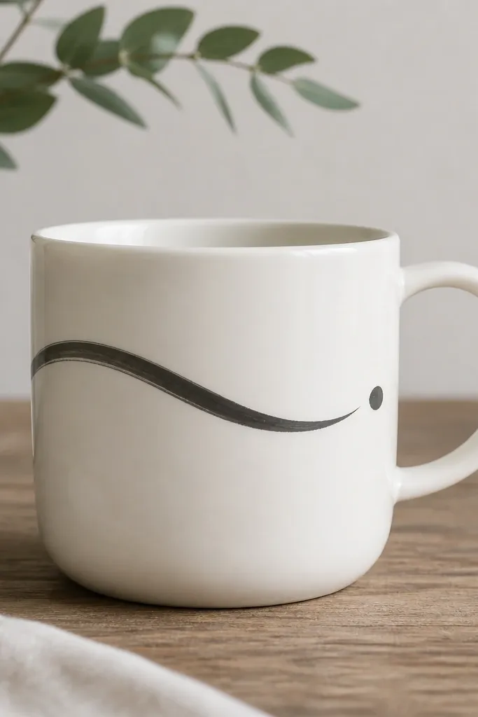 A white mug with a single flowing charcoal swoosh across the middle, and a small matching dot at the end of the swoosh near the handle.