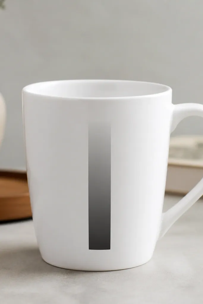 A white mug with a narrow vertical window near the front where gray fades from dark at the bottom to light near the top, with hard edges on both sides.