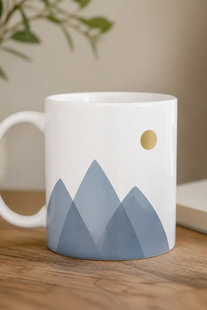 A white mug with three simple mountain peaks in muted slate blue, and a small mustard sun dot in the top right.