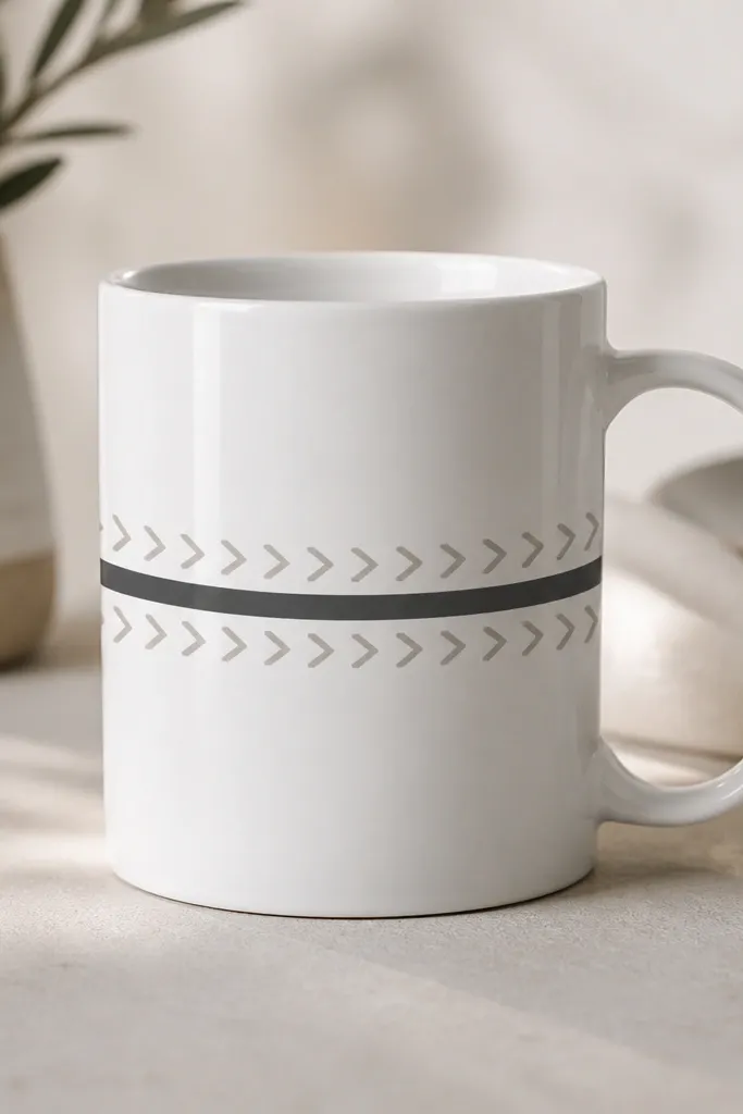 A white mug with a row of small light gray chevrons across the center, and a single bold charcoal stripe cutting through the chevron row.
