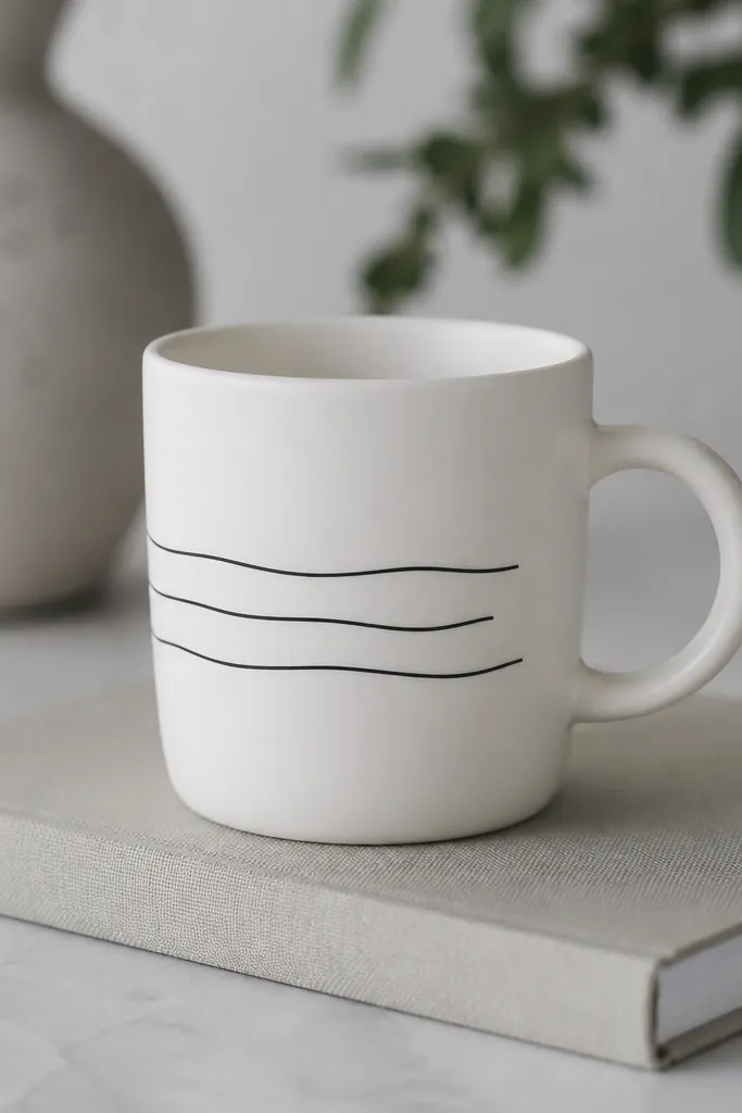 A white mug with three thin off-black wave lines running horizontally, each wave slightly different length, with no other decoration.