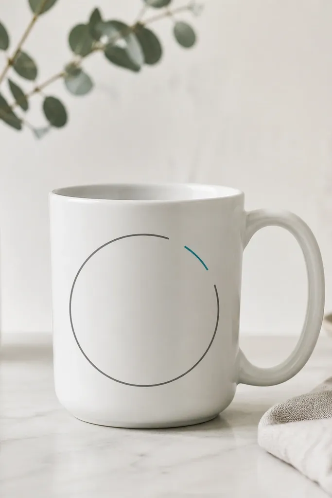 A white mug with a thin gray circle frame around the center, but the circle is missing at the top right like a corner cut, and a small teal line marks the gap.