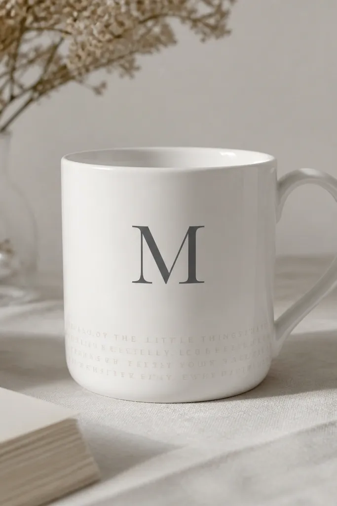 A white mug with a narrow band of tiny off-white letters (readable only in parts), and a large monogram in charcoal centered above the band.