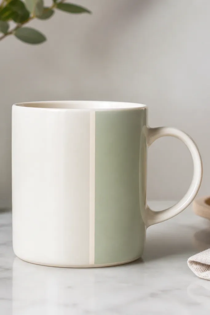 A white mug where the side facing the handle has a vertical panel painted in pale sage, with a thin off-white stripe running down the panel.