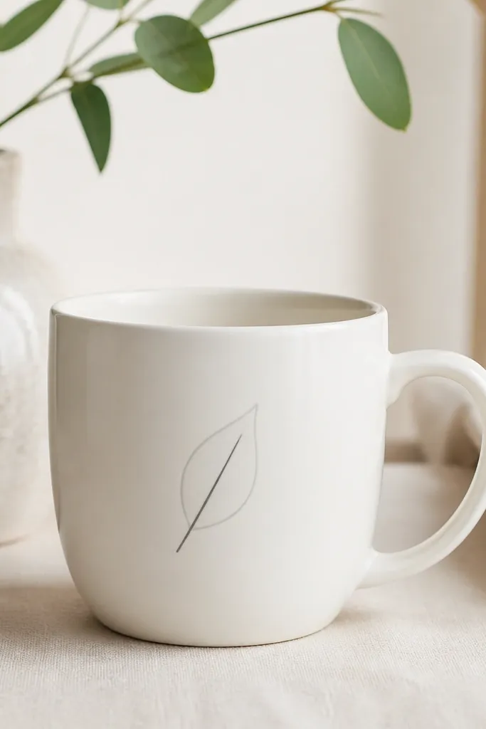 A white mug with a small minimalist leaf outline in light gray, and a single dark gray vein line running from the stem to the tip.