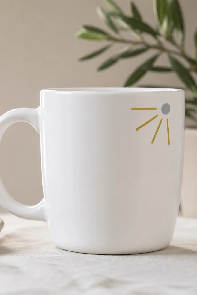 A white mug with a small corner sunburst: six short rays in muted mustard radiating from a tiny gray circle near the top right.