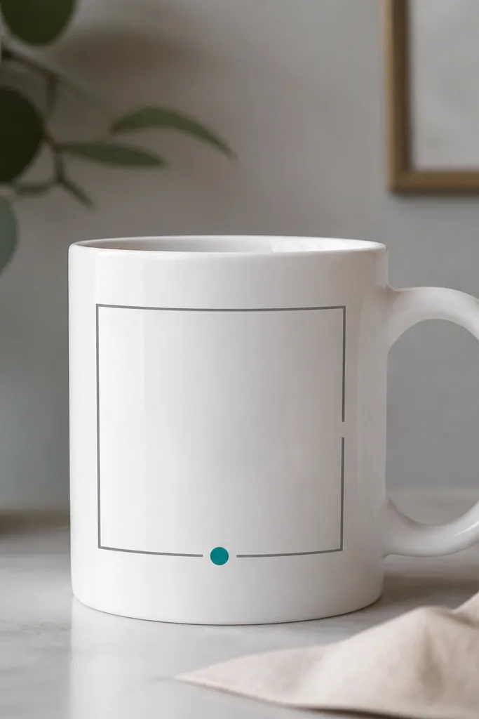 A white mug with a thin gray rectangular frame around the front, but the frame breaks near the handle side, and a teal dot sits at the bottom center of the frame.