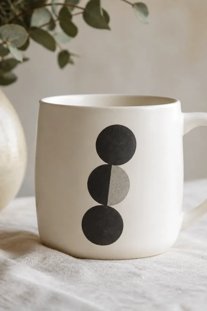 A white mug with three stacked circles in charcoal, each slightly offset like a ladder, with one circle half-shaded in gray.