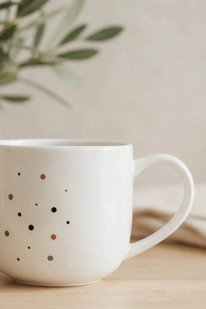 A white mug with a cluster of tiny paint dots in three sizes: black, sage, and terracotta, sitting on the left side, with a big blank area around the handle.