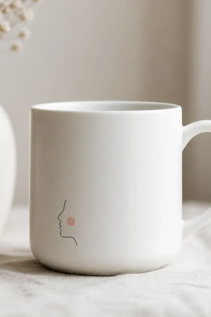 A white mug with a tiny off-black profile line of a face near the lower left, with a single blush pink cheek dot and no other details.