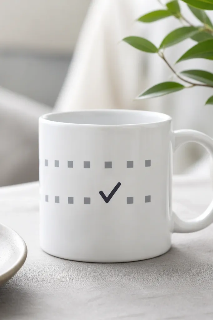 A white mug with two horizontal rows of small gray squares, and one row has a single bold charcoal check mark in the center.