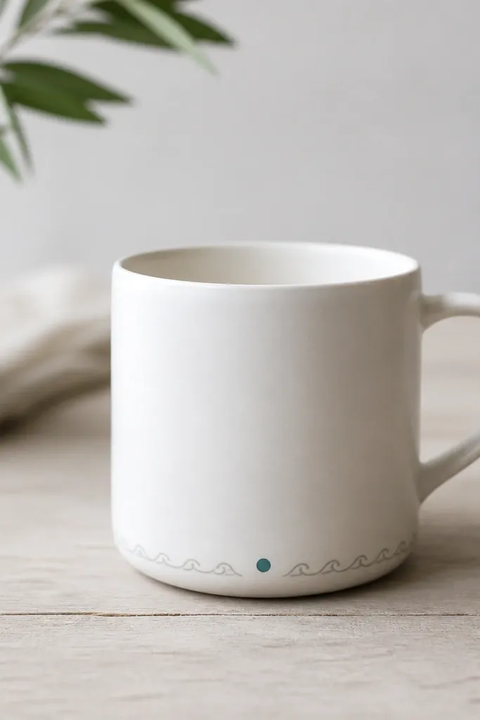 A white mug with a thin wave border painted just above the base: small repeating waves in light gray, with a single teal dot at the front.