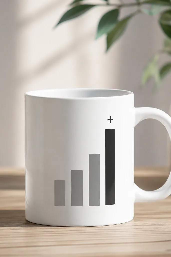 A white mug with a simple bar chart: four vertical bars in gray, one tall charcoal bar, and a tiny "+" symbol near the top.