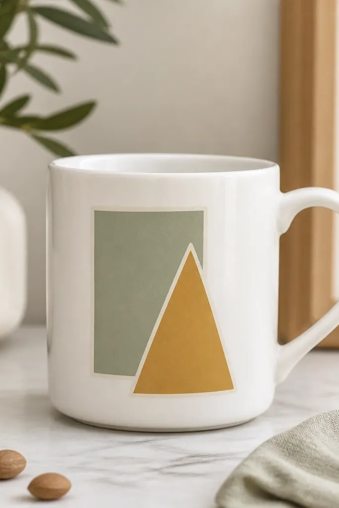 A white mug with layered paper-like shapes painted flat: a sage rectangle behind a mustard triangle, with a thin off-white border around each shape.