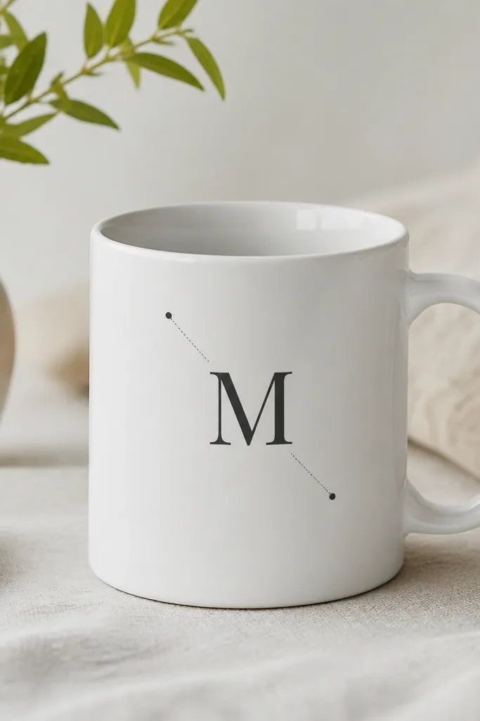 A white mug with a charcoal monogram centered, and two tiny dotted lines with small dot endpoints near the monogram like coordinates.