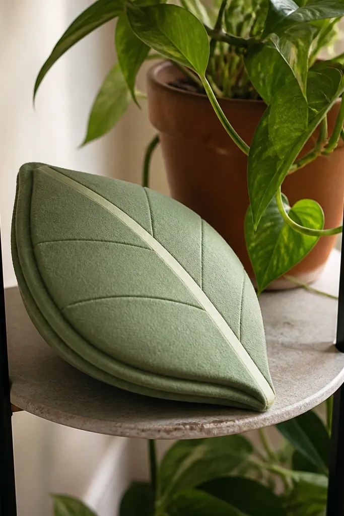 Sage green leaf squishy with a single pale highlight stripe down the center