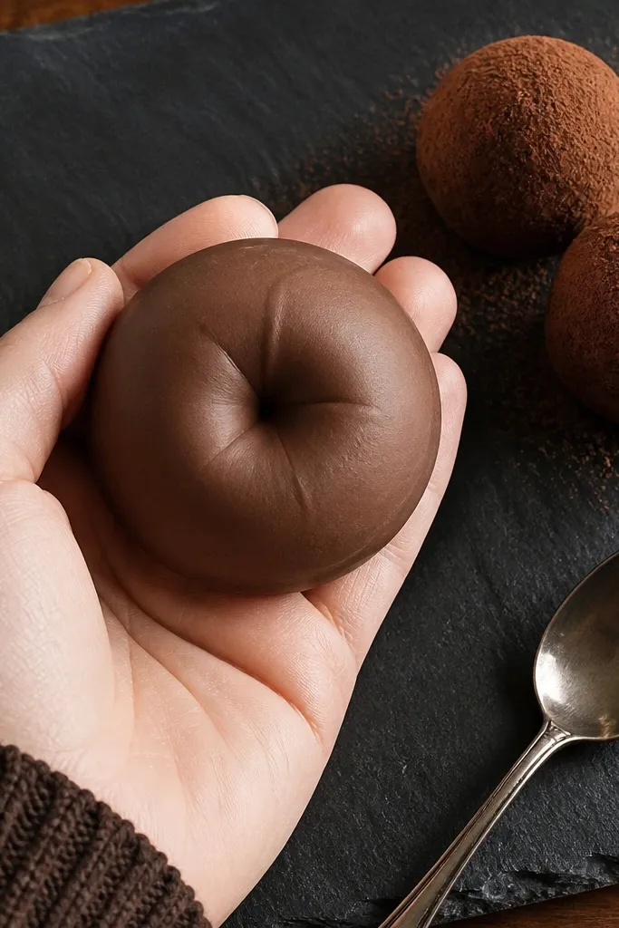 Dark chocolate truffle squishy with a single dimple and soft highlight