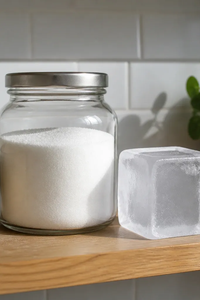 Clear-looking ice cube with frosted edges and a thin white highlight strip