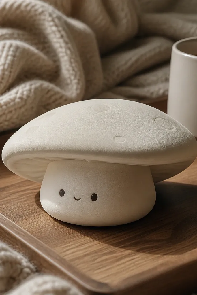Off-white mushroom cap and stem with a soft shadow under the brim