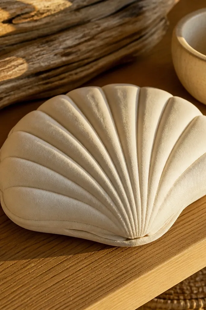 Cream scallop shell squishy with soft ridges and a darker lip shadow