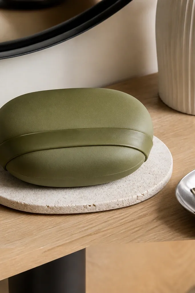 Olive oval squishy with a raised center band and soft edge shadow