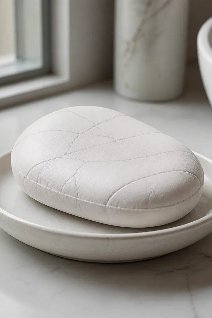 Marble white mini stone squishy with gray vein lines and soft highlights