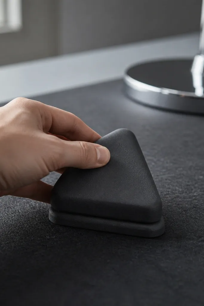 Charcoal folded triangle squishy with a single soft highlight facet