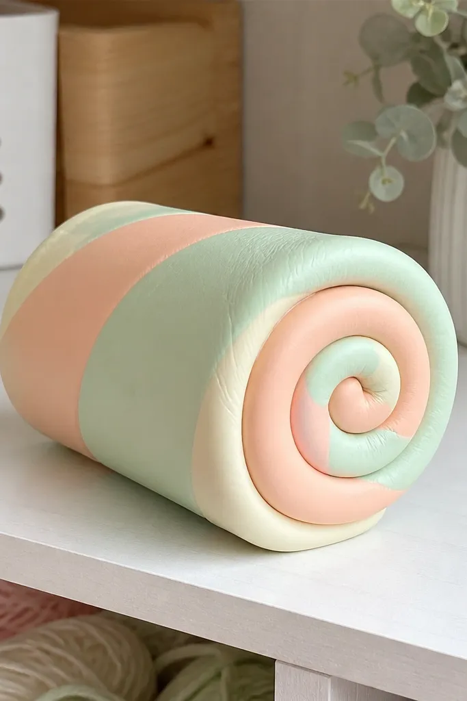Pastel striped twisted roll squishy with a minimal spiral highlight