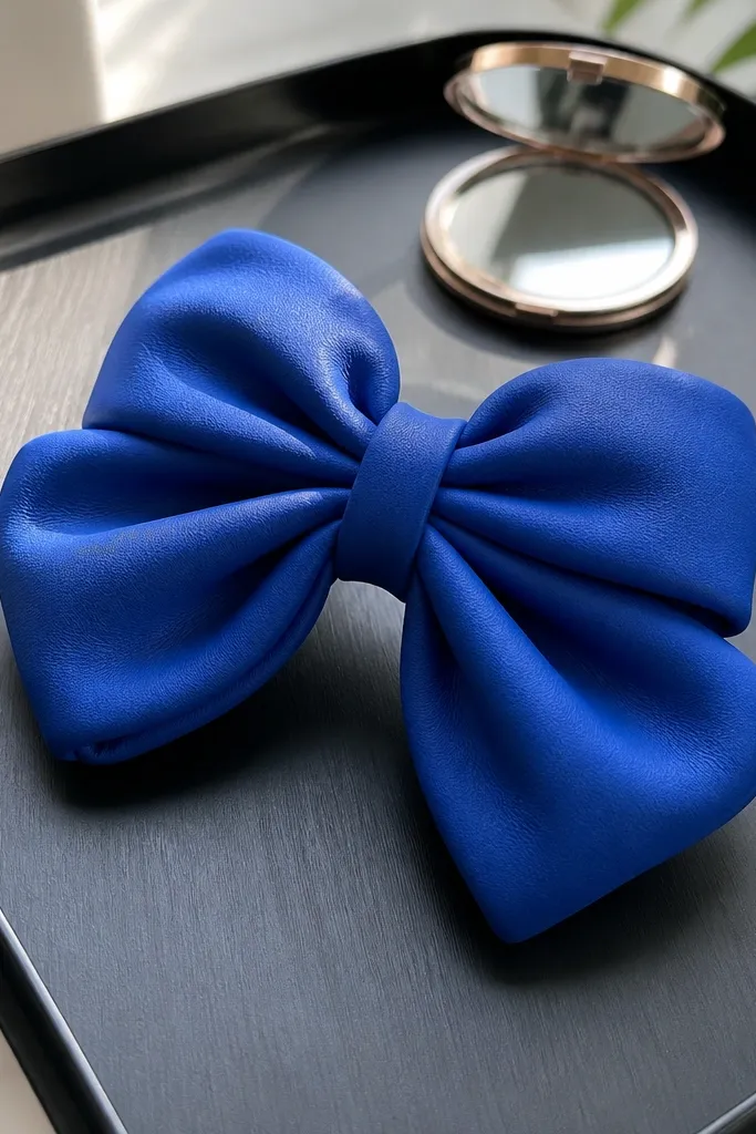 Cobalt ribbon bow squishy with folded loops and a soft highlight on each loop